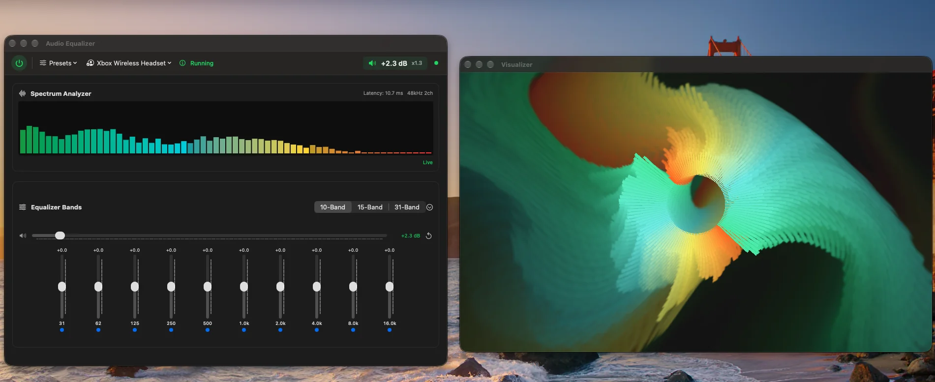 Audio Equalizer's main window with its spectrum analyzer and 10-band equalizer, next to the visualizer window.