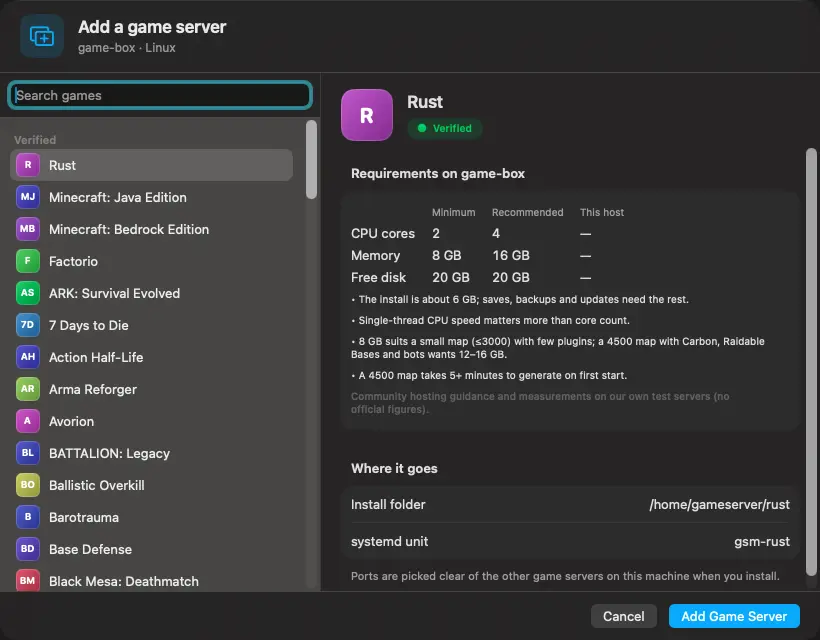 The Add a game server window: a list of games with their icons, and Rust selected with its requirements and install folder.