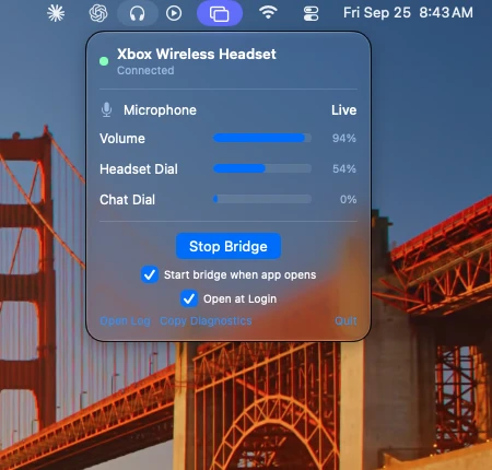 The Xbox Headset Bridge menu bar menu showing the headset connected, with microphone, volume and dial readouts.
